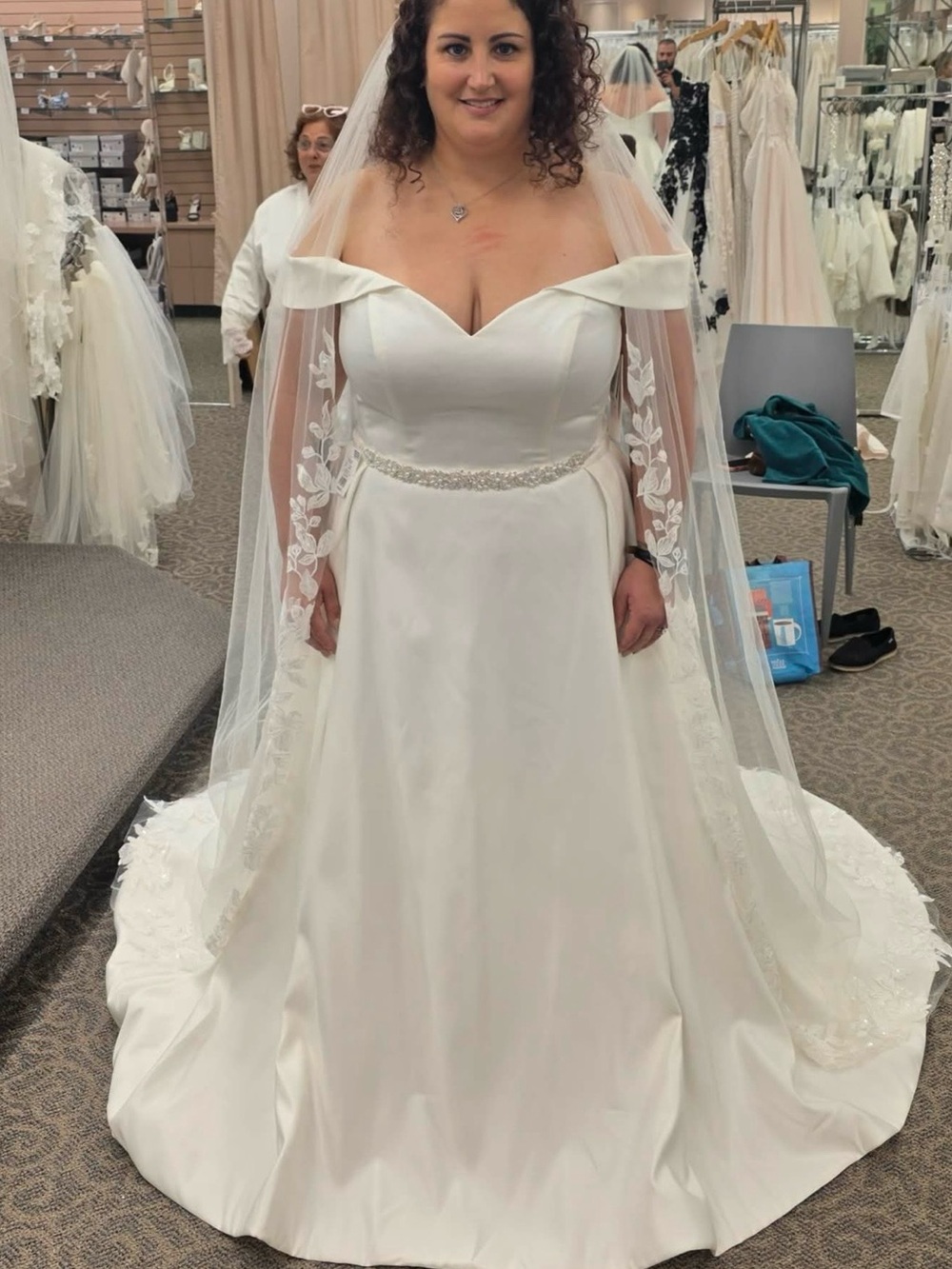 David's Bridal Off-the-Shoulder White Wedding Gown with Beaded Belt